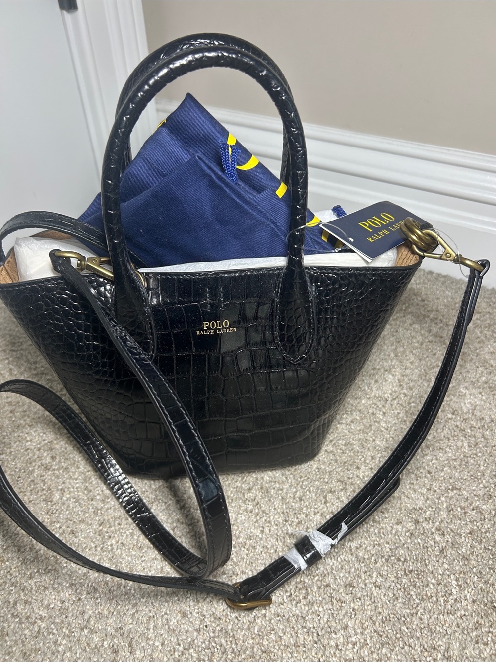 Polo by Ralph Lauren Black Croc-Embossed Crossbody Bag with Gold Hardware mini